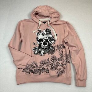 Blind Rooster Pink Skull Roses Hoodie Good Vibes Graphic Sweatshirt Women Medium